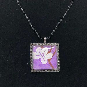 Handcrafted purple with white flower pendant and matching chain